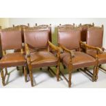 A set of eight (6+2) oak and leather dining chairs with carved details and scrolled arms
