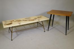 A mid century coffee table with faux onyx top ad metal base, 18" x 48" x 16", and another with