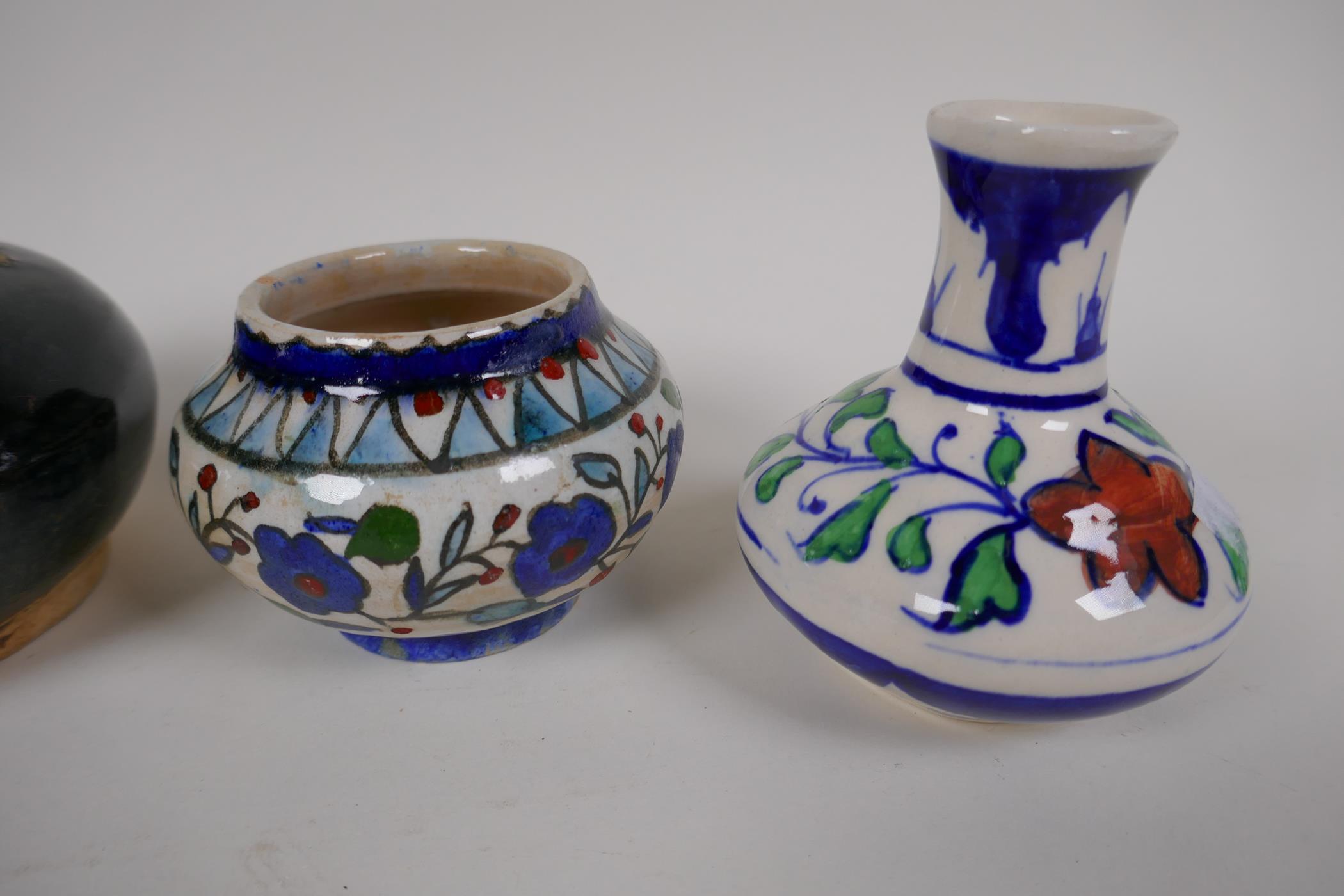 Two Indian pottery squat jars, a similar eastern jar and a vase, 4" high - Image 3 of 6