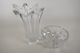 A Daum clear crystal vase of ribbed form, 12" high, and a cut crystal fruit bowl by St Louis,