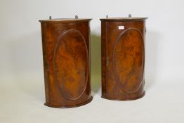 A pair of C19th figured walnut bow front hanging cupboards, 26" high