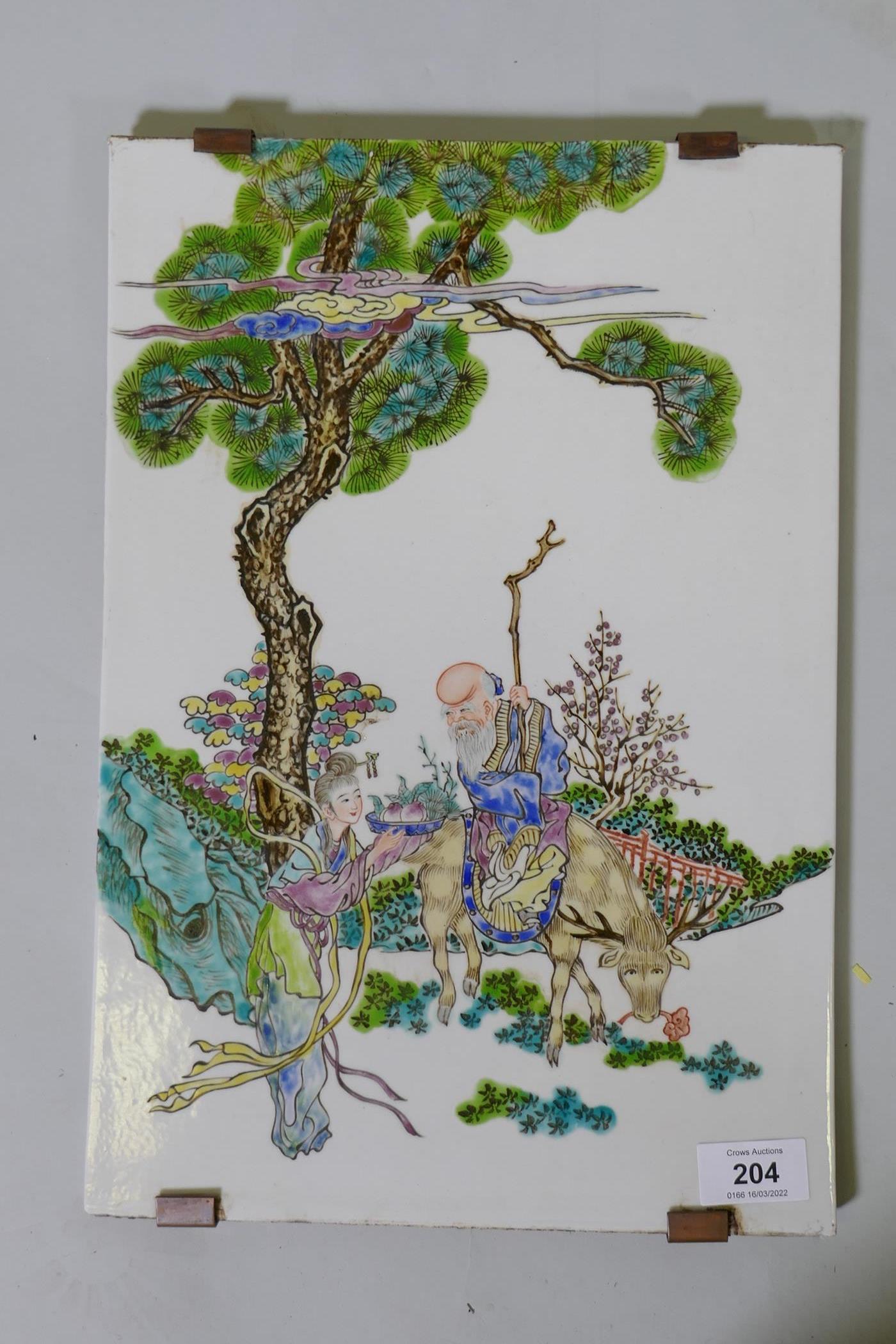 A Chinese porcelain plaque decorated in enamels with a painting of Shao Lao accepting an offering, - Image 2 of 5