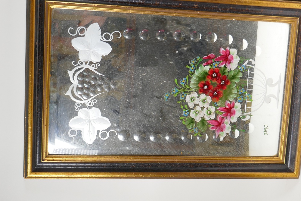 A pair of late C19th/early C20th bevelled glass mirrors with reverse painted and cut decoration, - Image 4 of 5