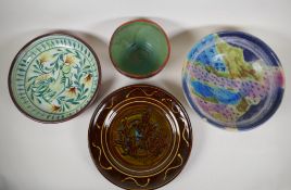 Four continental studio pottery bowls/dishes, signed to the bases, on AF, largest 12½" diameter