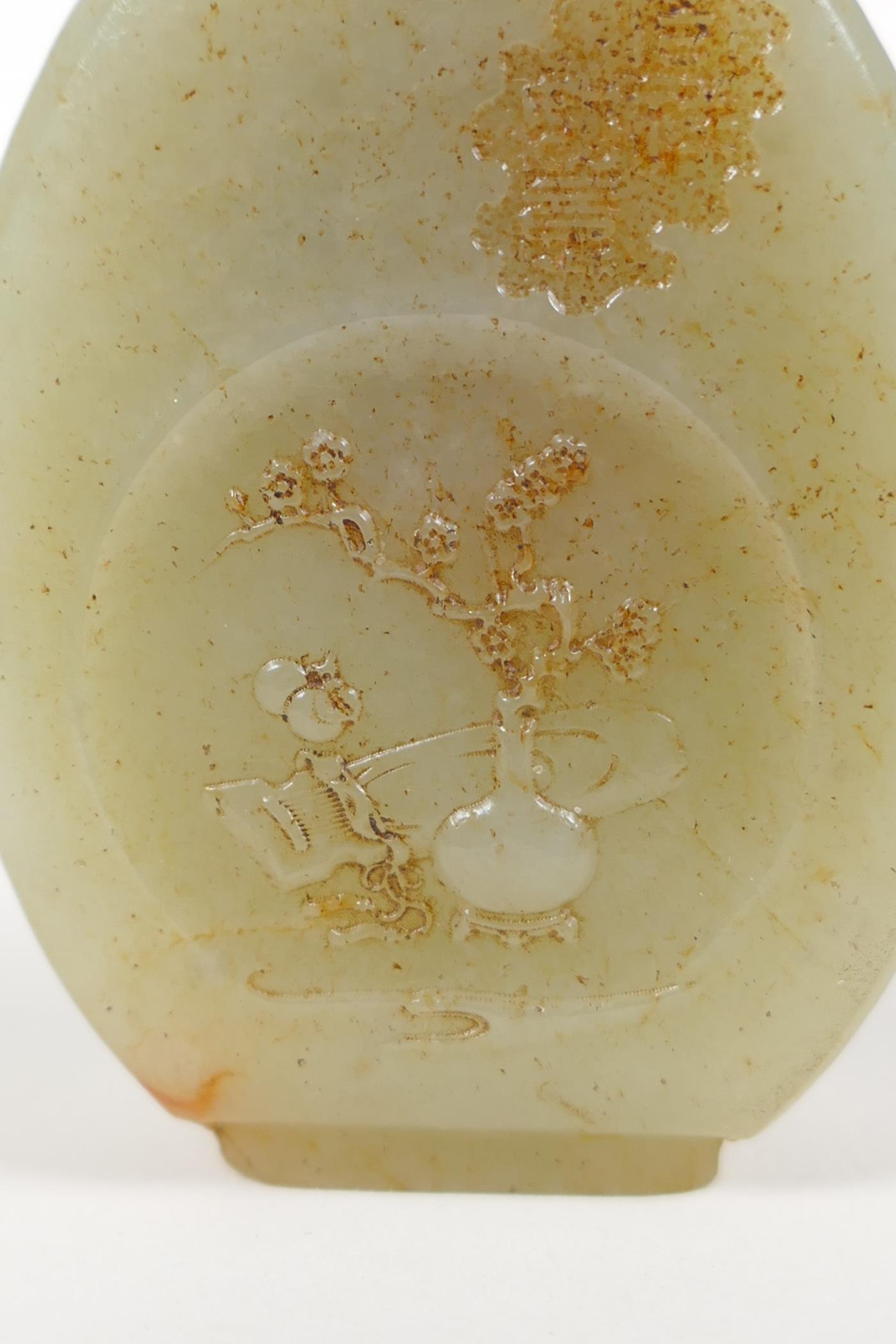 A Chinese celadon jade snuff bottle with objects of virtue and figural decoration, 2½" high - Image 3 of 3