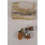 A hallmarked silver table top cigarette box, wood lined, 5½" x 3½" x 2½", gross 434g, and three