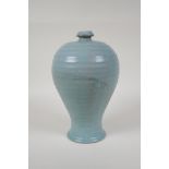 A Chinese Ru ware style ribbed porcelain vase, chased character inscription to base, 10" high, AF