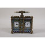A brass cased two dial carriage clock and barometer with cloisonne enamelled panels, 5" x 2" x 5"