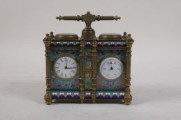 A brass cased two dial carriage clock and barometer with cloisonne enamelled panels, 5" x 2" x 5"