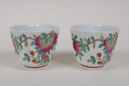 A pair of famille vert enamelled porcelain tea bowls with peach tree decoration, Chinese Guangxu 6