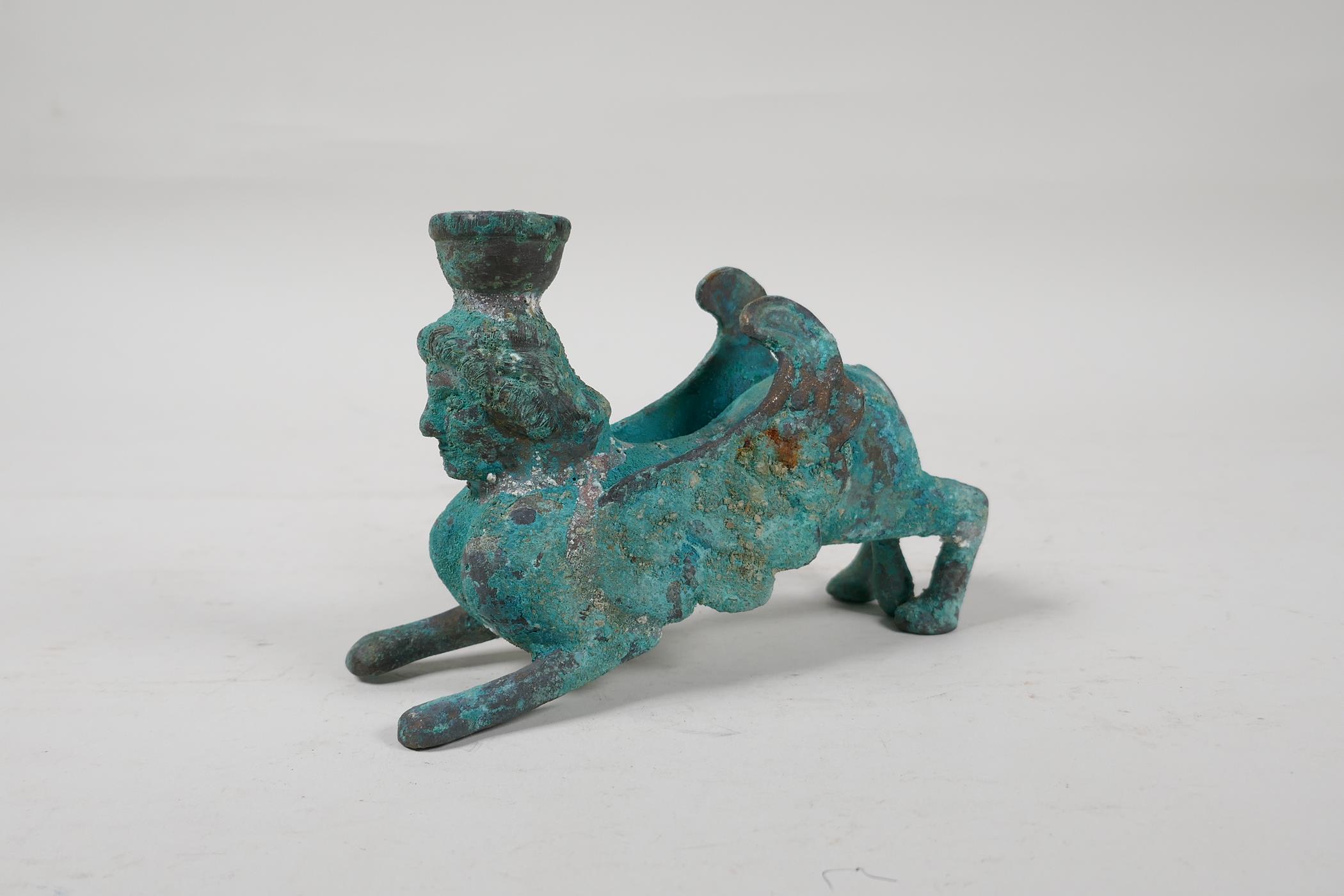 An antique bronze candlestick in the form of a Harpy, with verdigris patina, 5½" long - Image 4 of 5