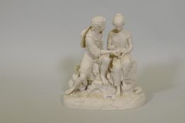 A C19th Parian figure group, a wood cutter and his love, impressed mark to base, AF repairs, 12"