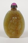 A Chinese celadon jade snuff bottle with objects of virtue and figural decoration, 2½" high