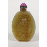 A Chinese celadon jade snuff bottle with objects of virtue and figural decoration, 2½" high
