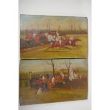 A pair of naive steeple chase scenes, C19th oils on canvas, 16" x 10"