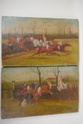 A pair of naive steeple chase scenes, C19th oils on canvas, 16" x 10"