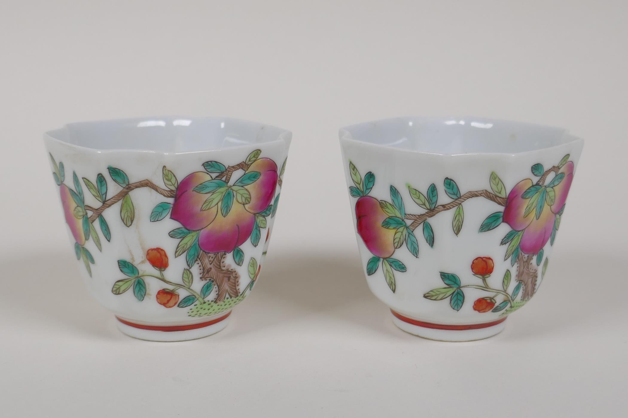 A pair of famille vert enamelled porcelain tea bowls with peach tree decoration, Chinese Guangxu 6 - Image 2 of 6