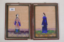 A pair of Chinese watercolour on paper paintings of a lady and gentleman, late C19th/early C20th, 9"