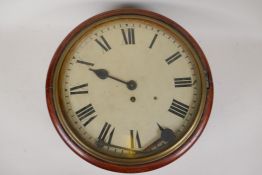 A mahogany cased fusee wall clock painted with Roman numerals, 14" diameter