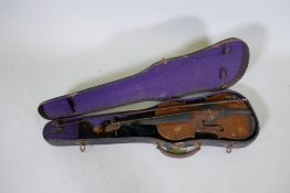 An antique violin in wood case, AF, and a bow, marked Dodd