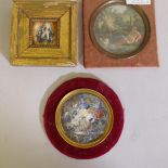 A miniature painting, still life, flowers, 3" diameter, an C18th overpainted engraving and a