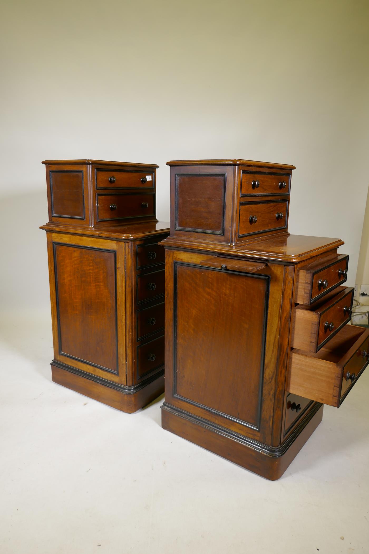 A pair of C19th walnut cabinets with ebony mouldings, one with six drawers, the other two drawers - Image 5 of 8