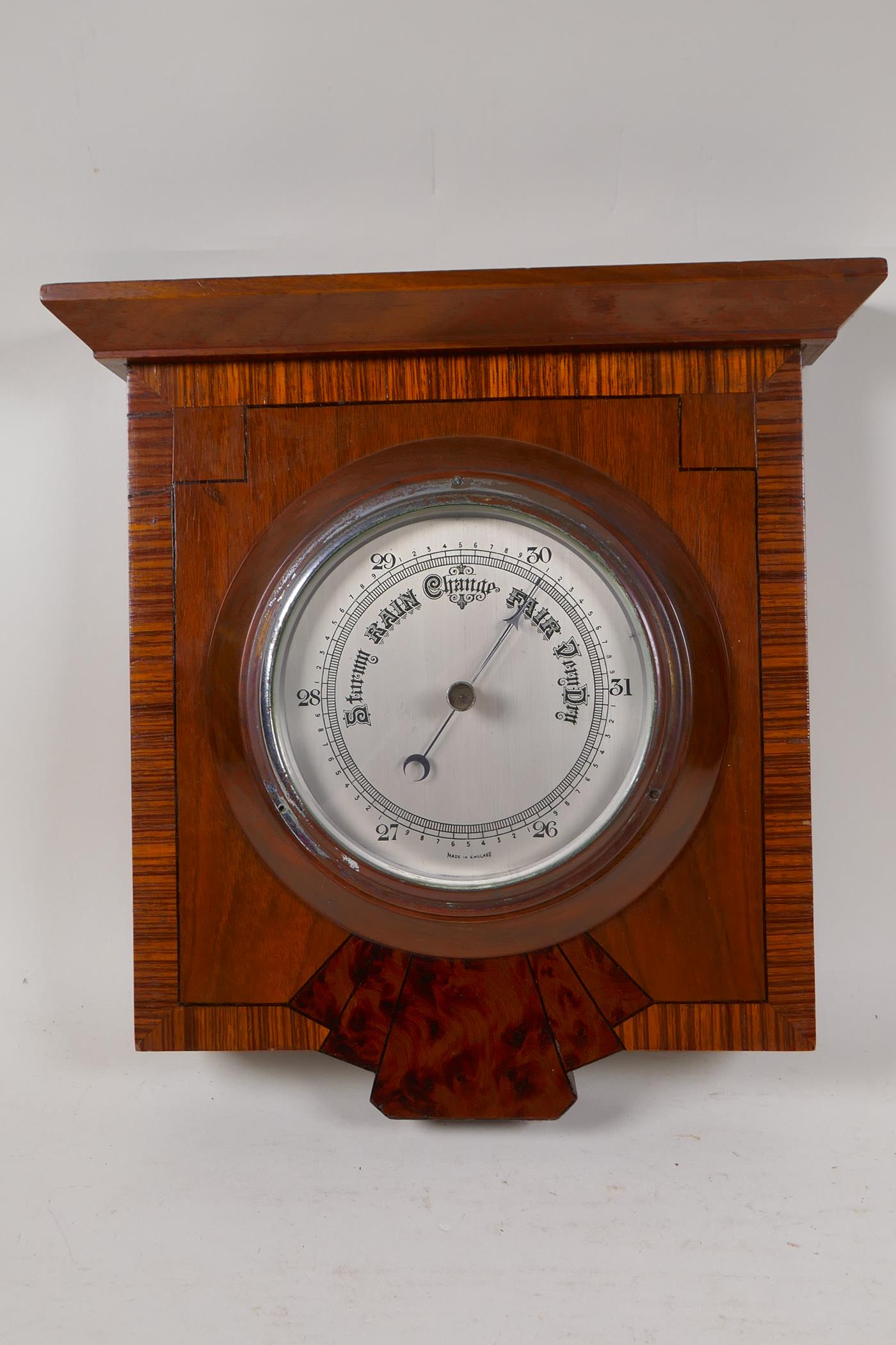 An aneroid barometer in an Art Deco specimen wood case, 11½" x 9" - Image 2 of 3