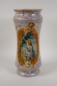 An antique continental terracotta Alberello vase with hand painted decoration, chip to rim, 14½"