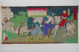 Adachi Ginko, (Japanese, 1853-?), Kagoshima Newspaper - Attack of a Government Office, Meiji Ukiyo-e