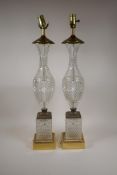 A pair of brass mounted glass table lamps, 29" high