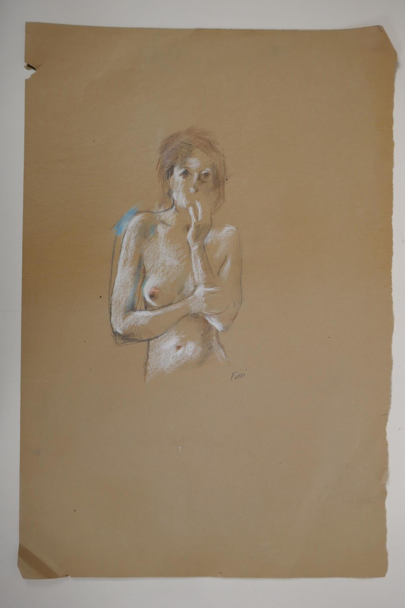 A study of a female figure, signed 'Fini', unframed pastel and pencil drawing, 22" x 14½" - Image 2 of 3