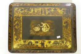 A C19th lacquered papier mache tray, the gilt border with chinoiserie decoration and central