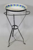 A French iron wash stand with enamel bowl, 30" high, 16" wide