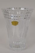 A Val St Lambert clear glass vase of ribbed form, original label, AF, 10" high
