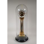 A brass fusee skeleton clock with an enamelled dial, Arabic numerals and pendulum, under a glass