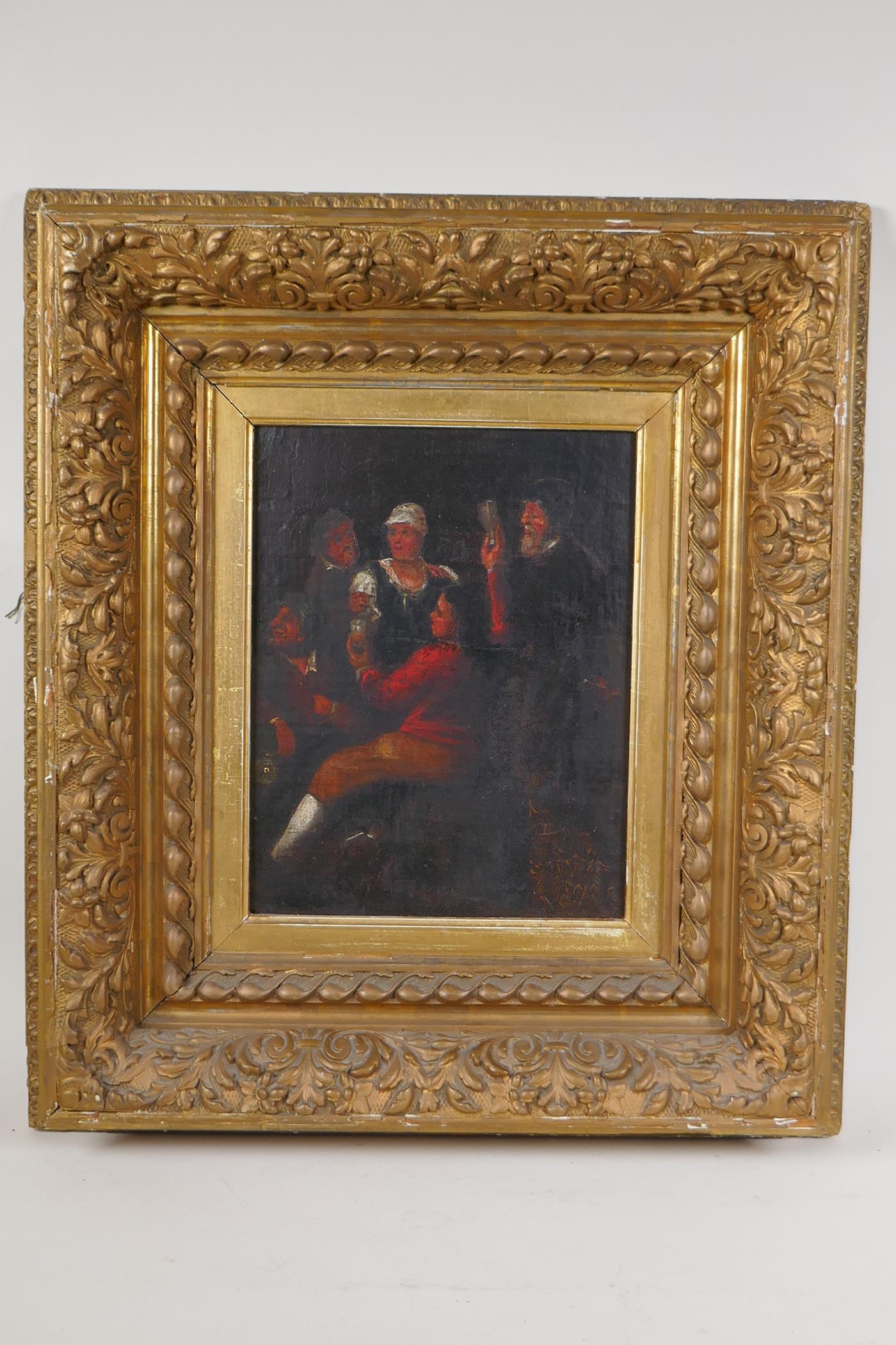 Revellers in an interior, late C18th, oil on canvas laid on board in heavy gilt frame, 10½"  x 8½" - Image 2 of 3