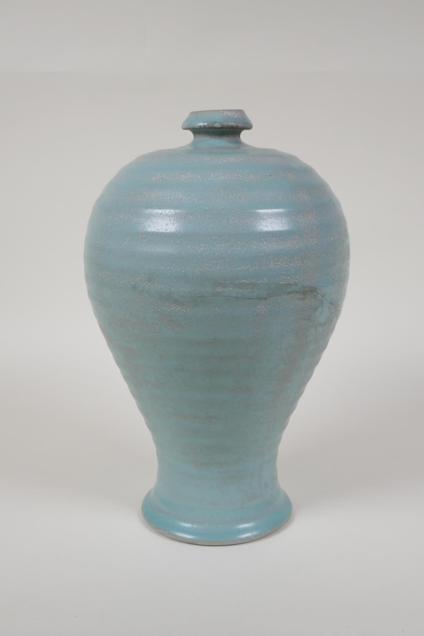 A Chinese Ru ware style ribbed porcelain vase, chased character inscription to base, 10" high, AF - Image 4 of 5