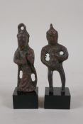 Two oriental archaic style bronze figures, 4" high