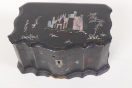A Chinese mother of pearl inlaid papier mache two compartment tea caddy, AF, 7" x 4½" x 3½"