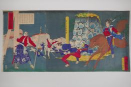 Unknown Japanese artist, Kagoshima Newspaper, Meiji Ukiyo-e triptych woodblock print depicting a