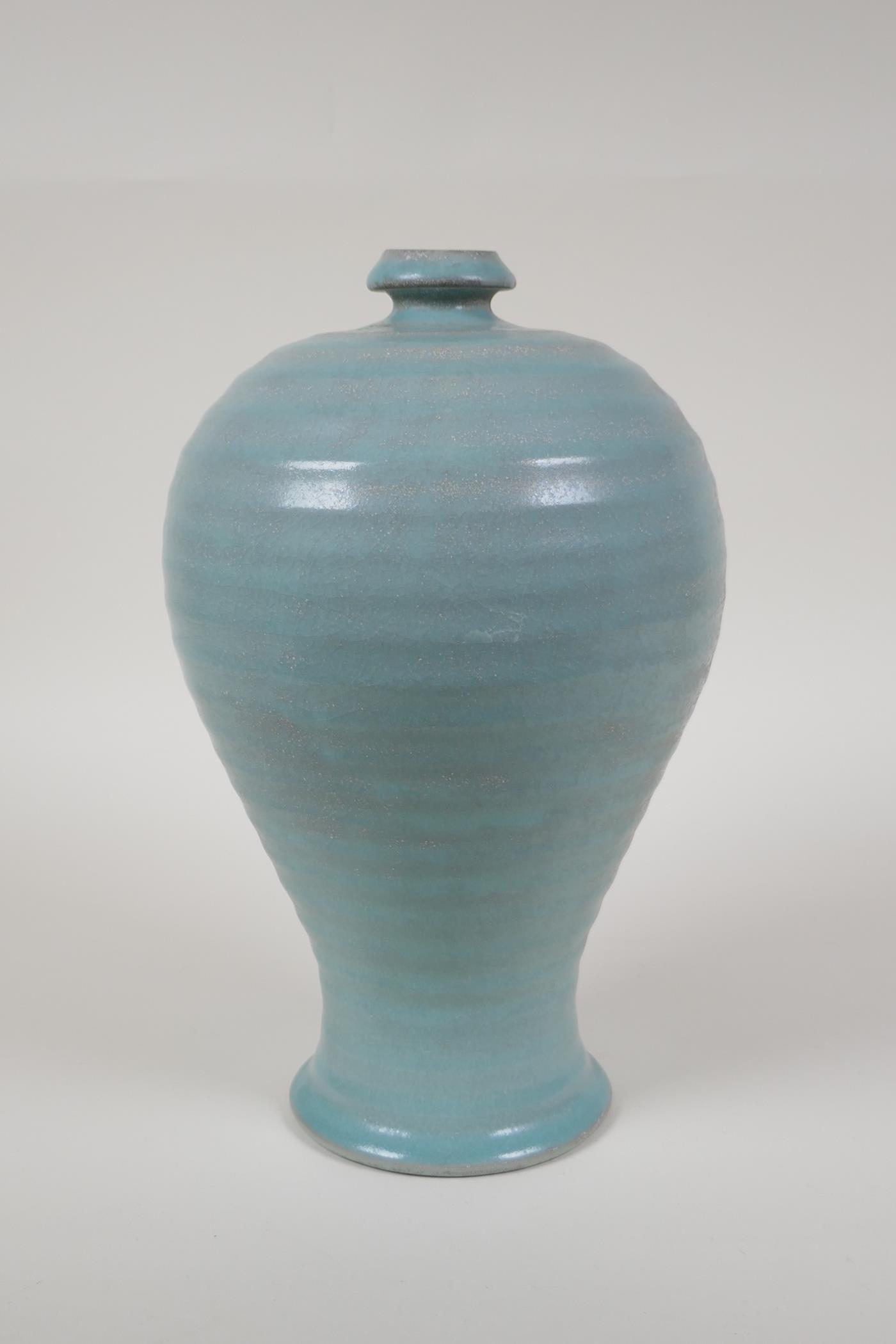 A Chinese Ru ware style ribbed porcelain vase, chased character inscription to base, 10" high, AF - Image 3 of 5