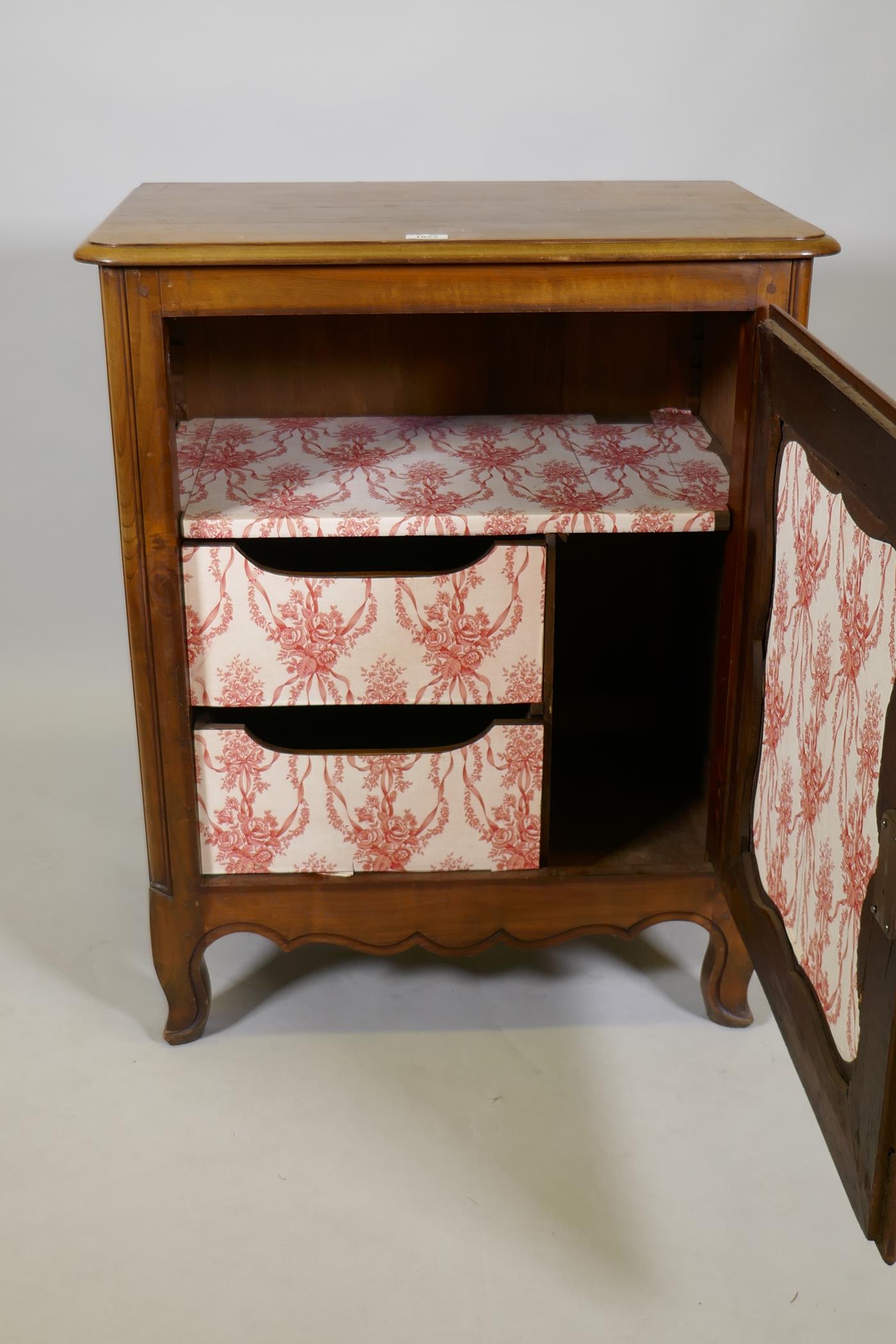 A C19th French side cabinet, with single door opening to reveal a shelf and two drawers, raised on - Image 4 of 4