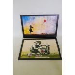 After Banksy, a pair of prints on canvas, 'Slave Labour' and 'Balloon Girl', 35" x 23"