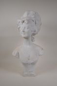 A continental marble bust of a lady in a bonnet, 20½"