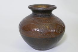 Antique oriental bronze pot, engraved with peacock decoration, 4½" high