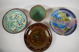 Four continental studio pottery bowls/dishes, signed to the bases, one AF, largest 12½" diameter