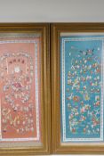 A pair of Chinese silk embroidery panels depicting children's games, dragon dances etc, 9½" x 22"