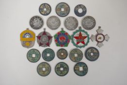 Five Chinese enamelled metal medals and a collection of assorted bronze and white metal facsimile