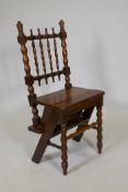 A set of C19th Gothic style oak metamorphic library steps with bobbin turned back and supports,