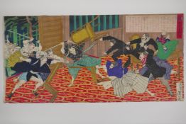 Tsukioka Yoshitoshi, (Japanese, 1839-1892), Kagoshima Newspaper - Riots from a private school fight,